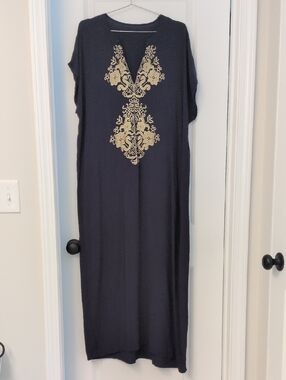 Navy Maxi Dress with Gold Embroidered Front Beach Cover One Size